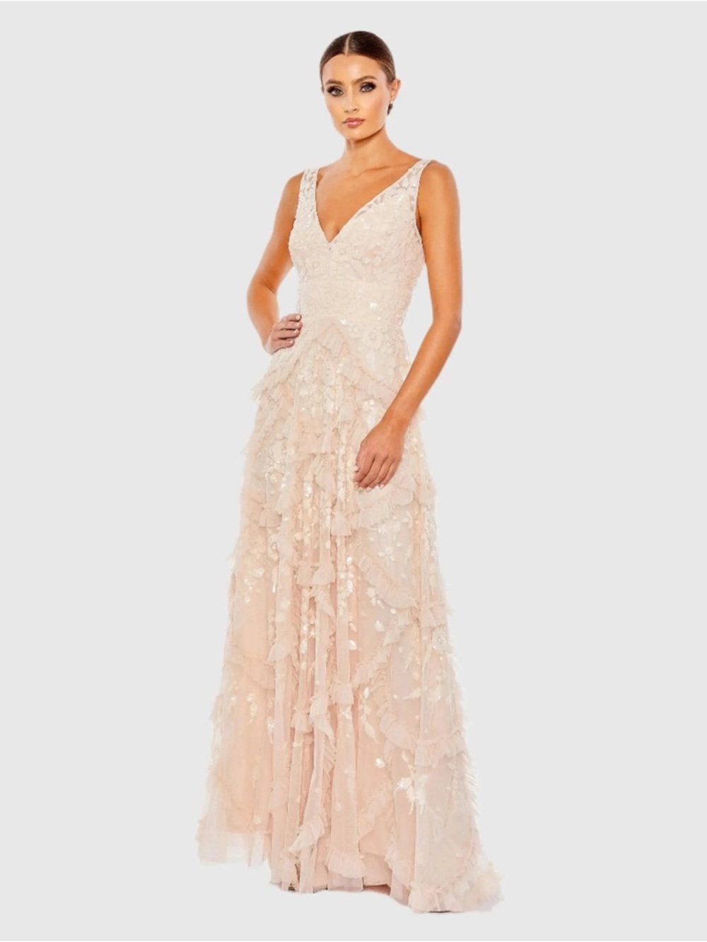 Mac Duggal 9162 Pink Sequined Scallop Ruffle Tiered V-Neck Gown Size 14 NWT